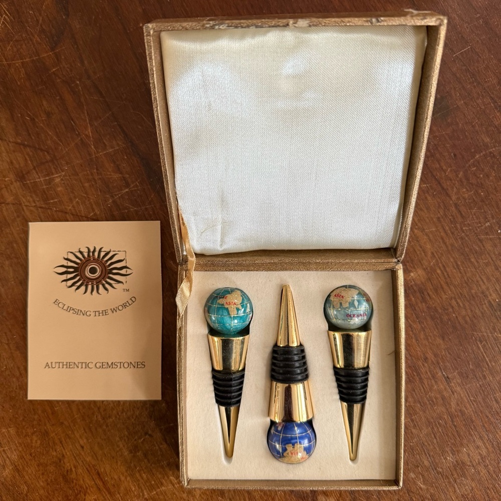 Vintage Gemstone Semi Precious Stone Set of 3 Globe Wine Stoppers Gold Blue Box